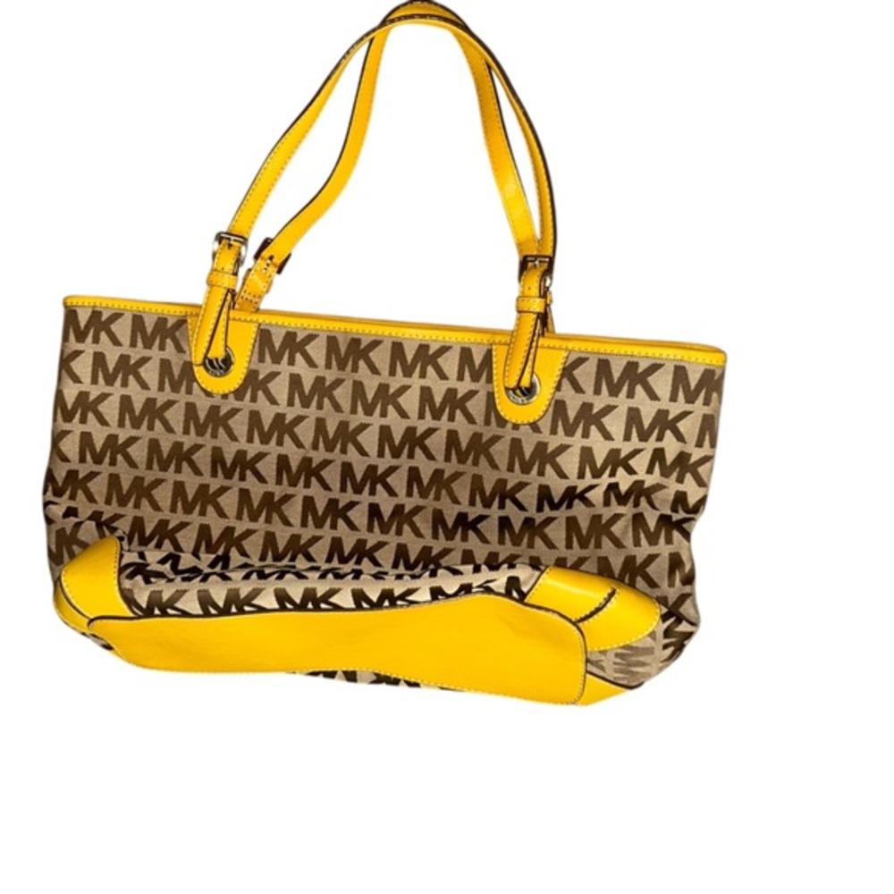 MICHAEL Michael Kors Logo Canvas Yellow Leather Shoulder Bag Brown Travel Laptop